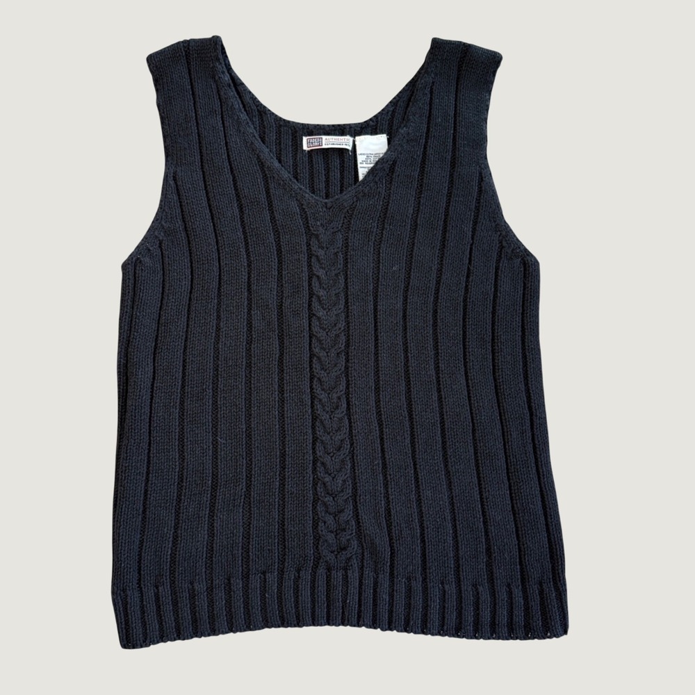 Vintage Faded Glory Navy Blue Cable Knit Sweater Vest XL Ramie Cotton Blend